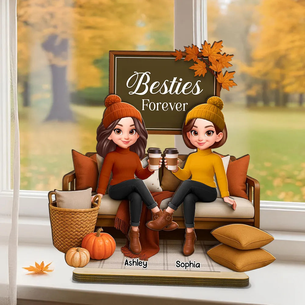 Fall Season Besties Sisters Sitting On Cozy Sofa Personalized Standing Wooden Plaque