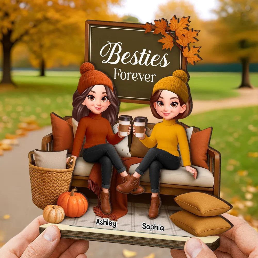Fall Season Besties Sisters Sitting On Cozy Sofa Personalized Standing Wooden Plaque