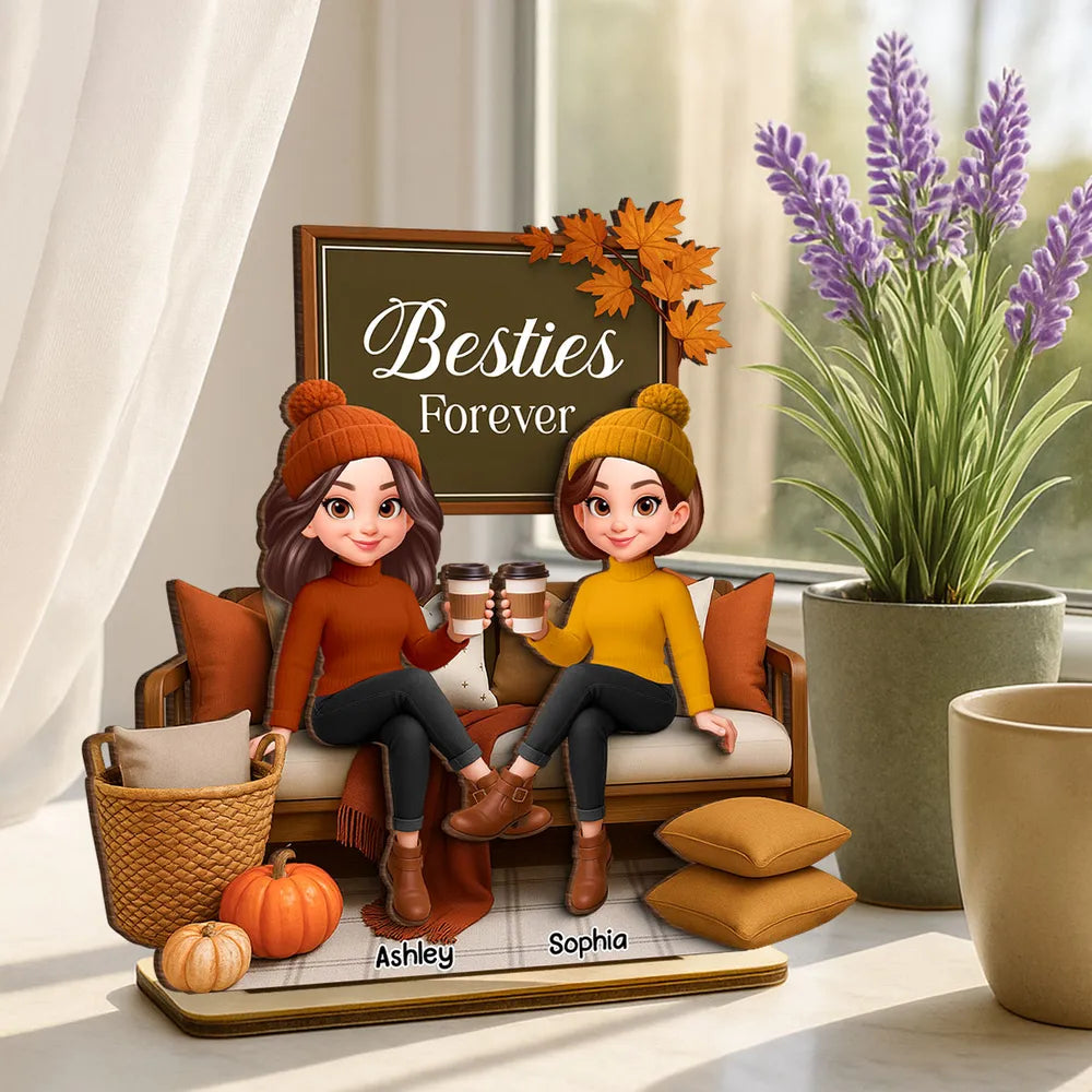 Fall Season Besties Sisters Sitting On Cozy Sofa Personalized Standing Wooden Plaque