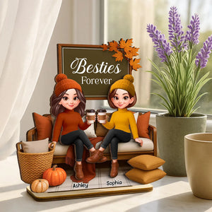 Fall Season Besties Sisters Sitting On Cozy Sofa Personalized Standing Wooden Plaque