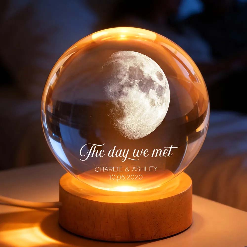 Our Moon Couple Anniversary Date - Personalized Crystal Ball LED Night Light - Sentimental Valentine's Day Gift for Her, for Him
