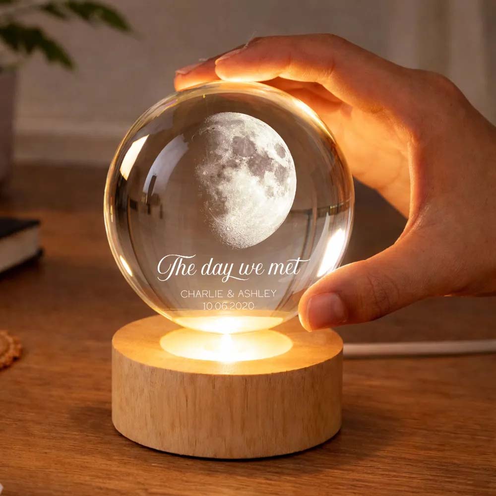 Our Moon Couple Anniversary Date - Personalized Crystal Ball LED Night Light - Sentimental Valentine's Day Gift for Her, for Him