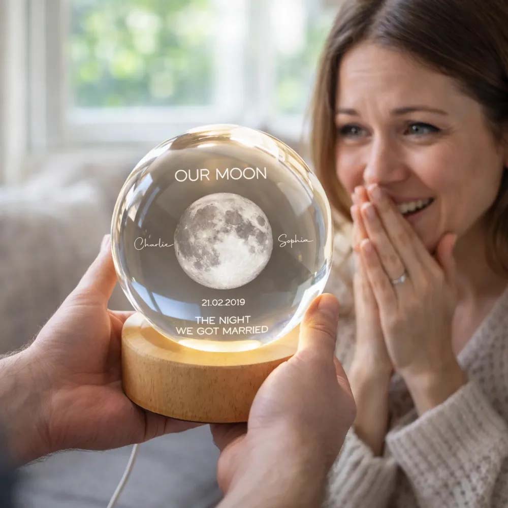Our Moon Special Date, Custom Moon Phase by Date - Personalized Crystal Ball Night Light - Heartfelt Anniversary Gift for her, for him