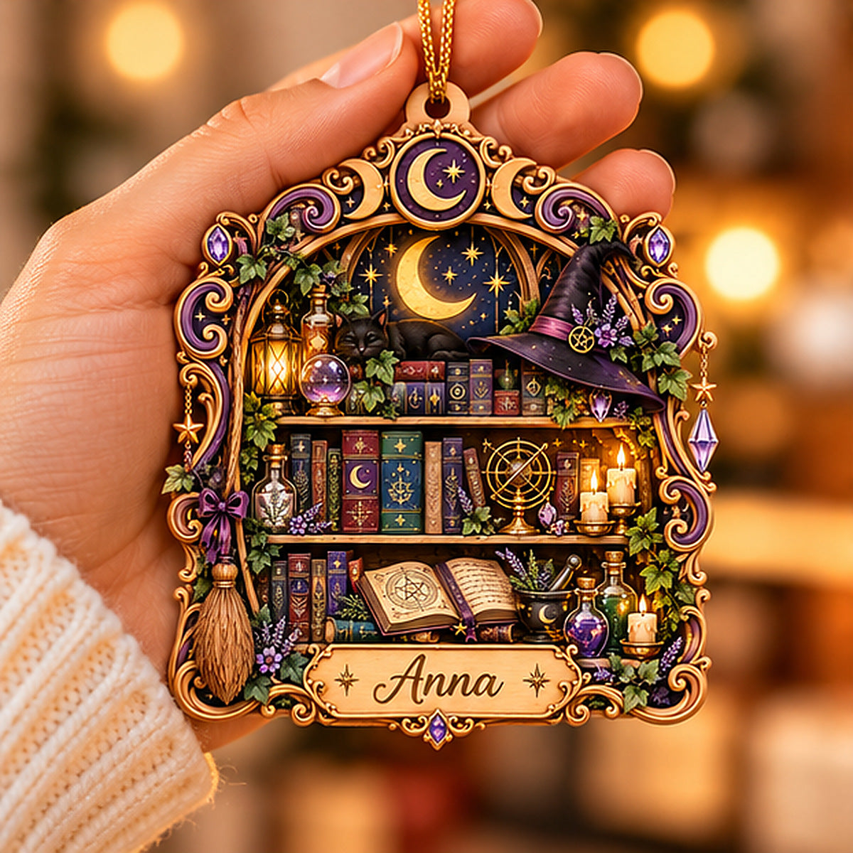 Personalized Witch's Spellbook Library Layered Wood Christmas Ornament, Custom Name Witchy Bookshelf Ornament, Magical Gift for Book Lovers 3c6deb2d-12fa-4258-b89b-1362c0b2d22d-anna_witch_library_03_handheld_1200.jpg