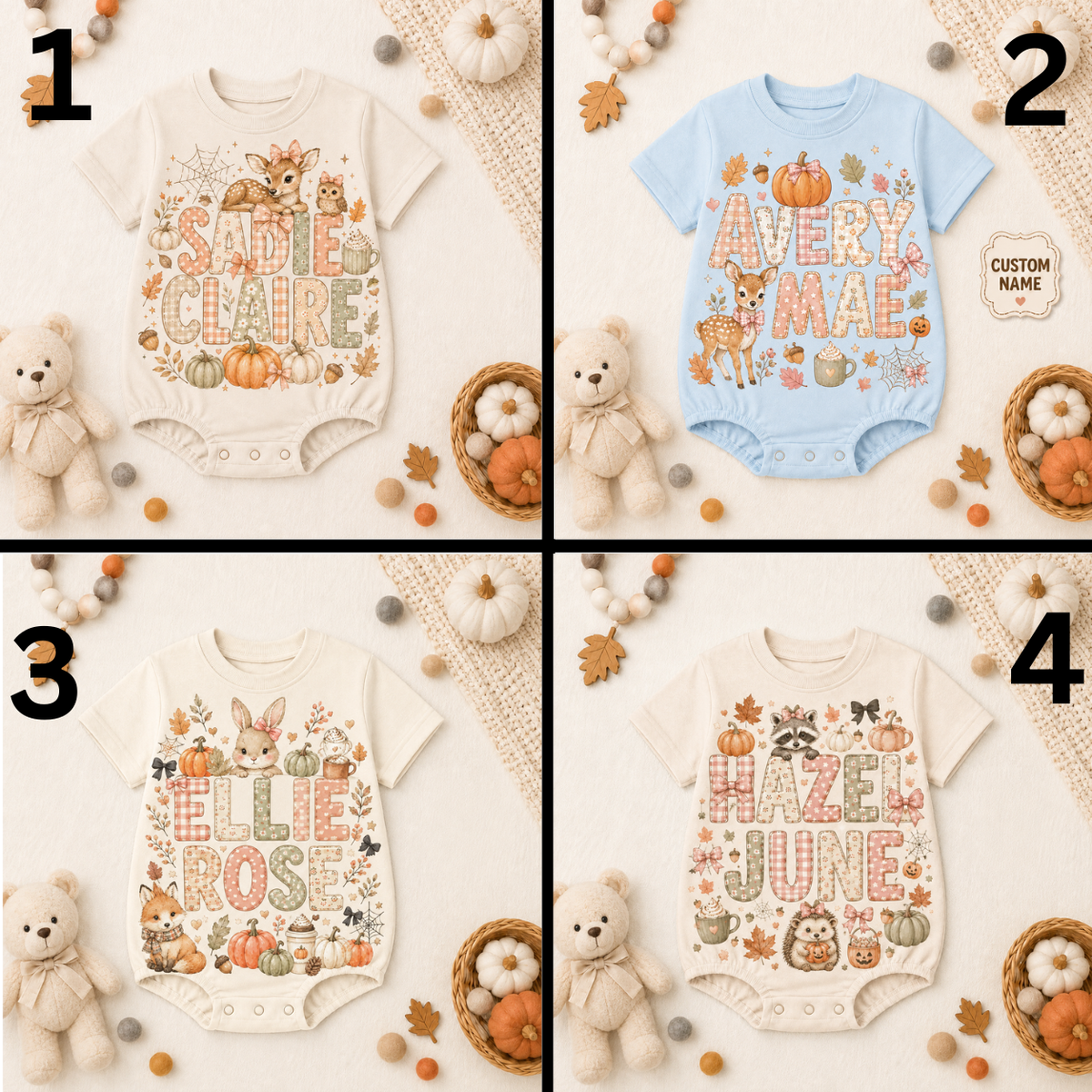 Personalized Fall Baby Romper, Custom Name Raccoon Hedgehog Pumpkin Bodysuit, Cute Autumn Baby Girl Outfit 3c786702-4e32-4421-820b-d5ba84d102fc-1-2-.png