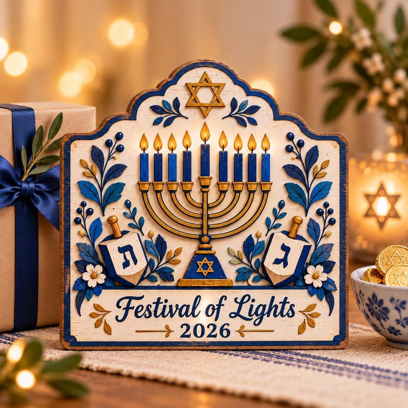 Hanukkah Menorah Wood Sign 2026, Festival of Lights Decor, Blue Gold Dreidel Jewish Holiday Table Sign, Hanukkah Home Decoration 3c9865ee-a33b-4ae5-a2c6-26195dc1ee88-kl1.jpg