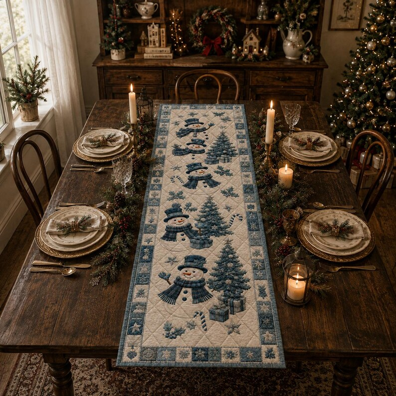 Snowman Quilted Christmas Table Runner, Blue Snowflake & Christmas Tree Design, Cozy Farmhouse Winter Dining Decor 3d15ea6a-cbee-419d-b436-ae89c2e88034-y1.png