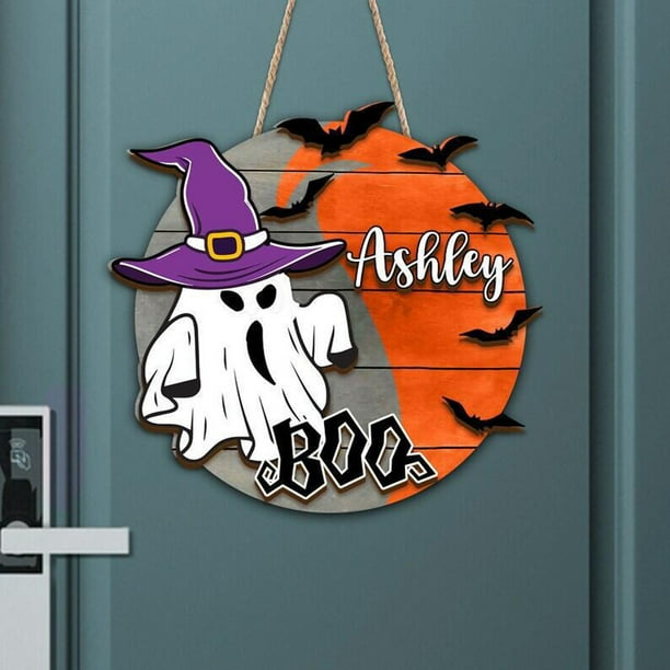Custom Halloween Wood Layer Sign Boo Doorplate Hanging Round Sign Cute Wooden Sign Halloween Decoration Housewarming Gift