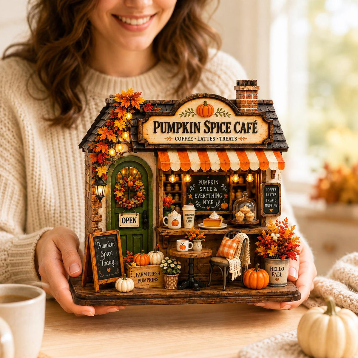 Personalized Autumn Coffee Shop Wooden Block, Custom Fall Café Shelf Decor, Rustic Harvest Village House, Cozy Thanksgiving Gift 3dac9401-db12-406f-9833-a5cc6f60e69b-2.jpg