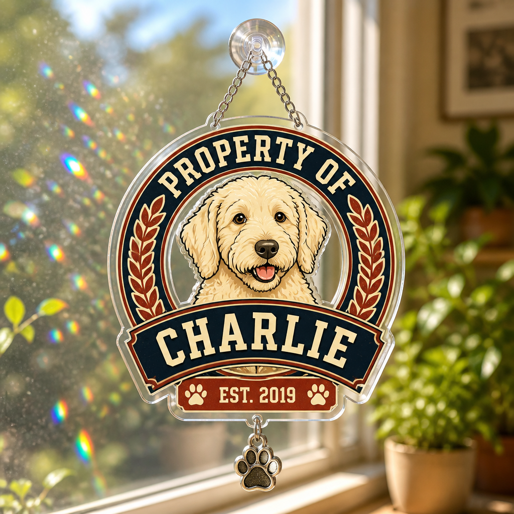 Property Of [Pet Name] Crest Tee (Est. Year) - Personalized 1 Layered Suncatcher with Charm 3dbb8224-226e-4f3e-a4d4-8eeedd0932a7.png