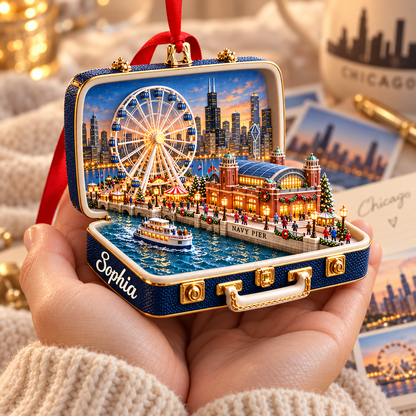 Personalized Navy Pier Suitcase Christmas Ornament – Chicago USA Travel Souvenir & Gift for Chicago Lovers 3de0e202-da71-4184-9fd7-da9b4aab642e-Handheld-Navy-Pier-Chicago-Ornament-2.png