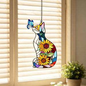 Cat Sunflower Butterfly Acrylic Suncatcher, Stained Glass Style Window Hanging, Boho Indoor Window Decor, Light Catching Gift for Cat Lovers 3e083e74-fd96-4991-b94a-953d6f0a238f-5.jpg