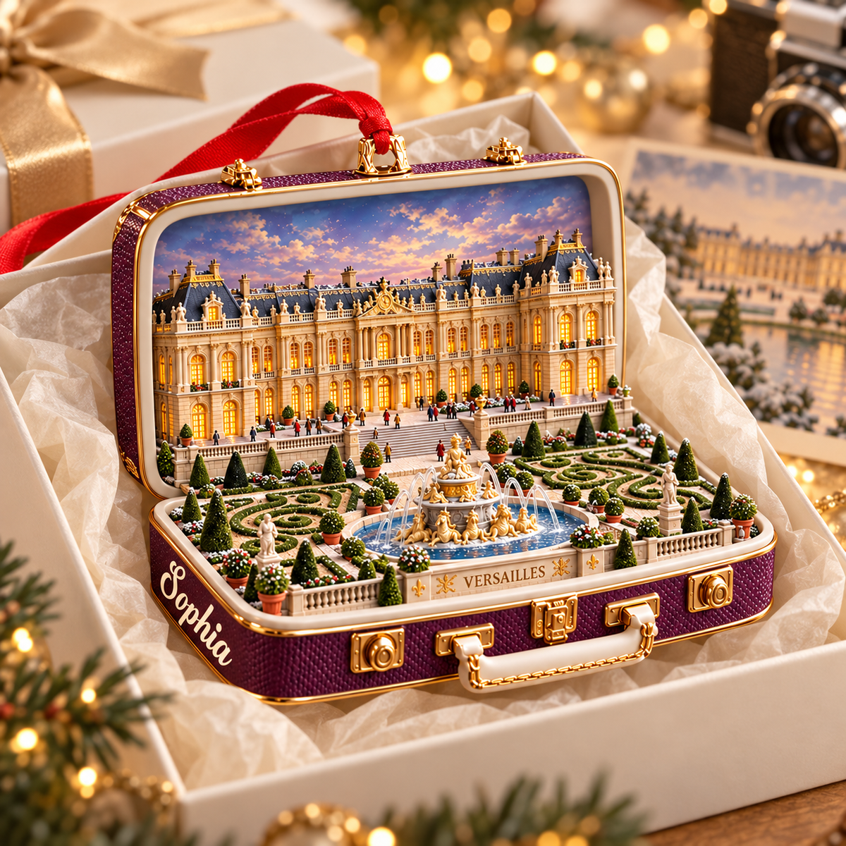 Personalized 3D Palace of Versailles Suitcase Christmas Ornament – Versailles France Travel Souvenir & Gift for France Lovers 3e4bc078-559c-43ec-8b97-dcecfa1e6dae-Versailles-Holiday-Ornament-in-Ivory-Gift-Box-3.png