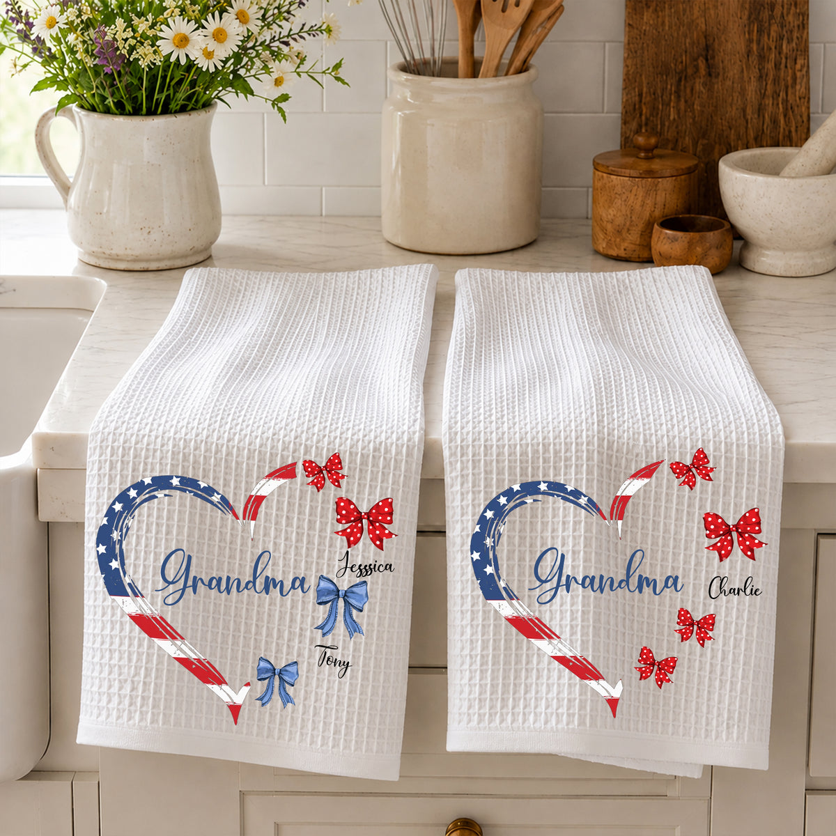 Proud American Grandma Mom Heart Bow - Personalized Name Waffle Weave Kitchen Towel, Housewarming Gift 3f1a21d0-4d65-46fe-8b73-b357e4cd0616-3-8-.jpg