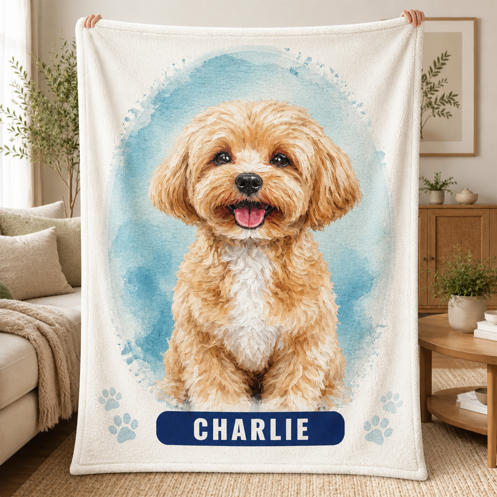Custom Watercolor Pet Portrait Blanket — Name + Photo - Personalized Blanket 3fde39bd-e1f7-494e-b159-59a278b273b8.png