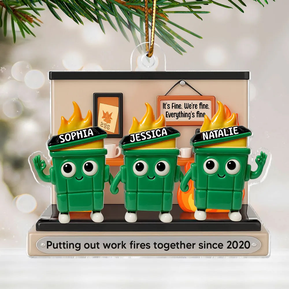 3D Effect Dumpster Fires In Office Scene - Personalized Acrylic Ornament - Funny Gift For Colleagues, Work Besties