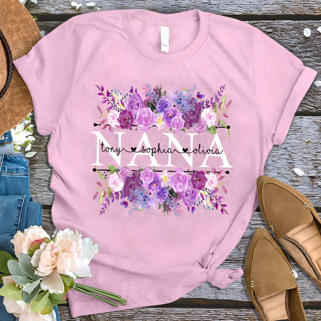 Grandma Purple Plum Flower And Grandkids Shirt, Personalized Grandma Shirt Nickname with Grandkid names