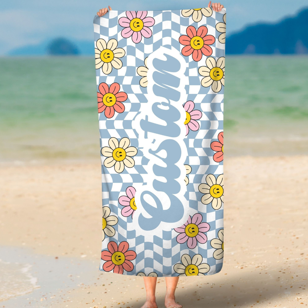 Custom Checkered Mama Beach Towel, Personalized Kids Beach Towel, Retro Checkered Daisy Towel, Gift For Mother