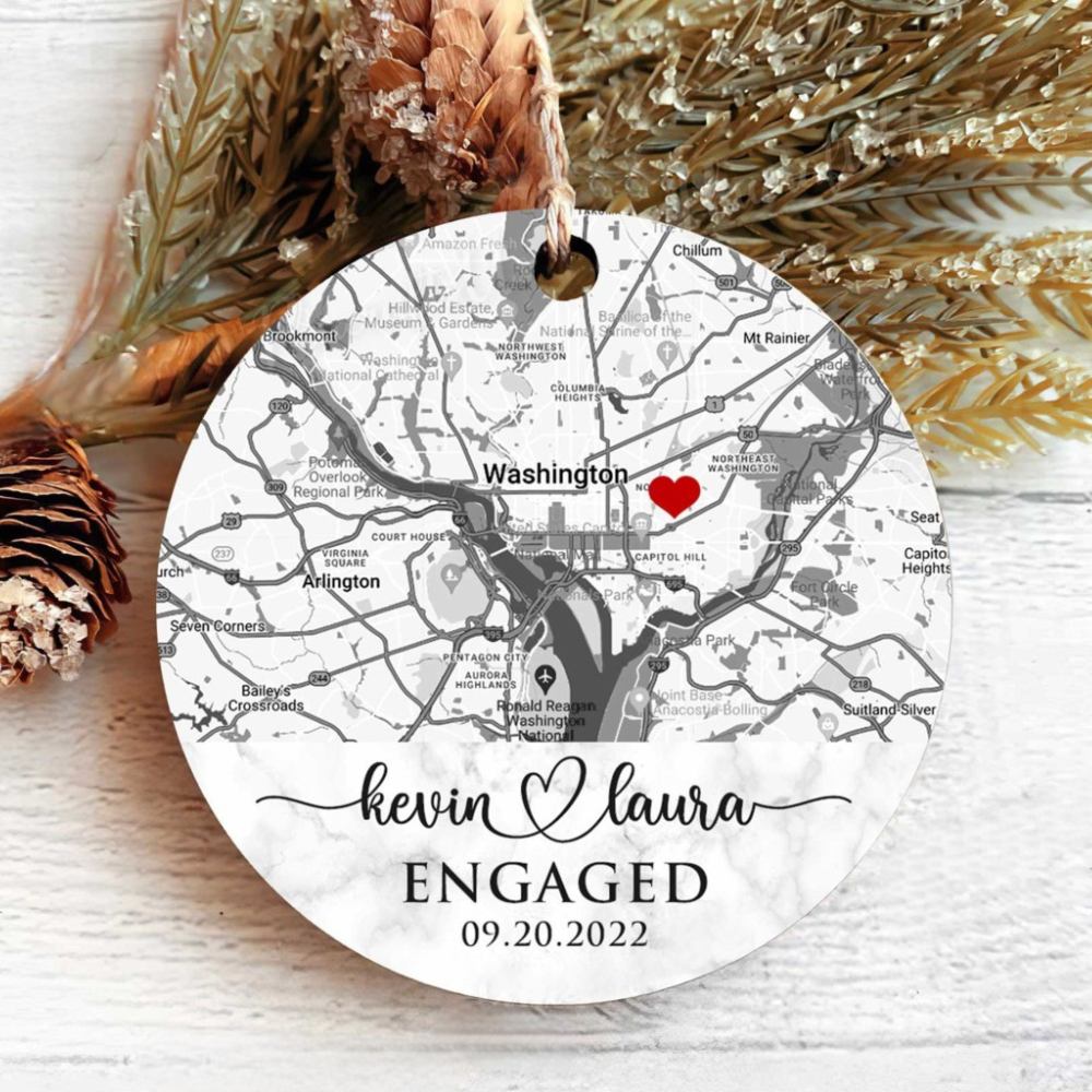 Engaged Ornament, Personalized Map Ornament Engagement Gift, Custom Location Bridal Shower Gift For Bride To Be, Just Engaged Gifts For Couple