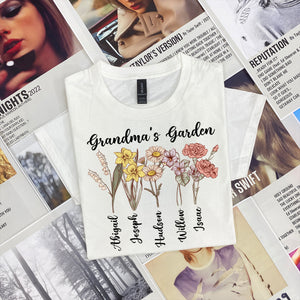 Grandma With Grandkids Birth Flowers and Names - Personalized Shirt - Gift For Grandma