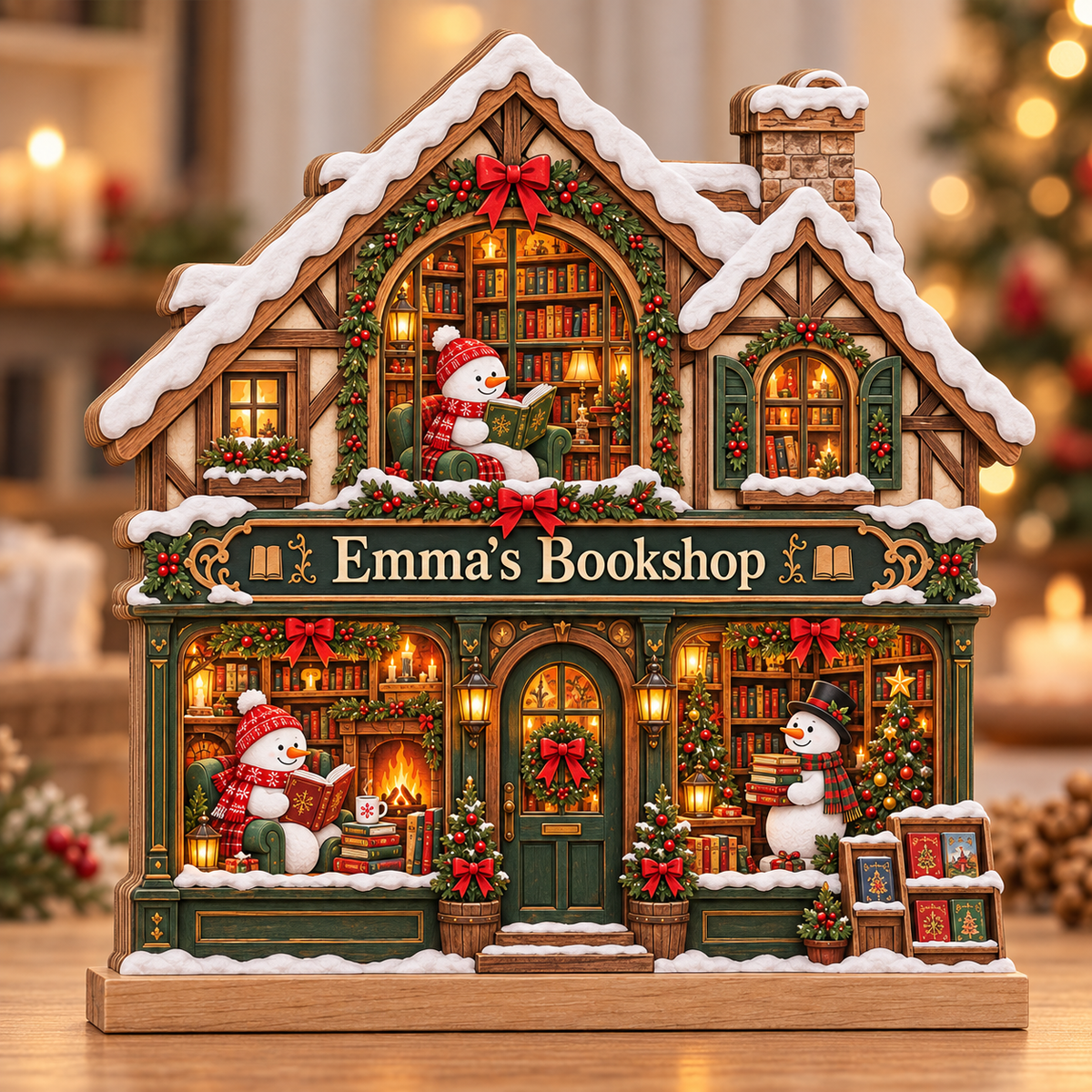 Snowman Bookshop Wooden Block, Personalized Winter Bookstore Christmas Decor, Book Lover Shelf Sign, Reading Lover Gift, Bookish Christmas Gift 4027035e-3d09-4b13-9257-7da1185ef263-Emma-s-Christmas-bookshop-cottage.png