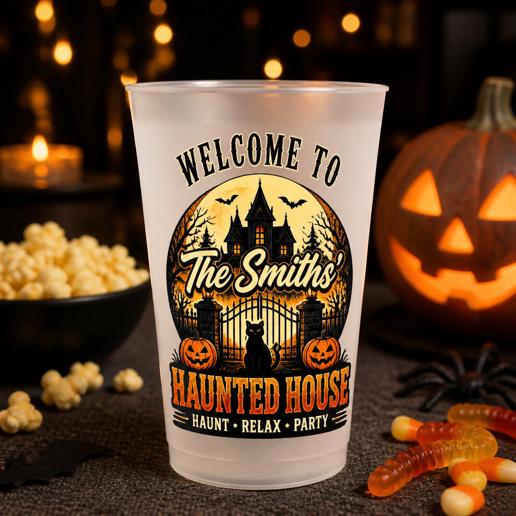Welcome To The {Family}'s Haunted House - Frosted Party Cup - Personalized Plastic Frosted Water Cup 40867384-439b-4472-bbef-e69ea1d7ac13.jpg