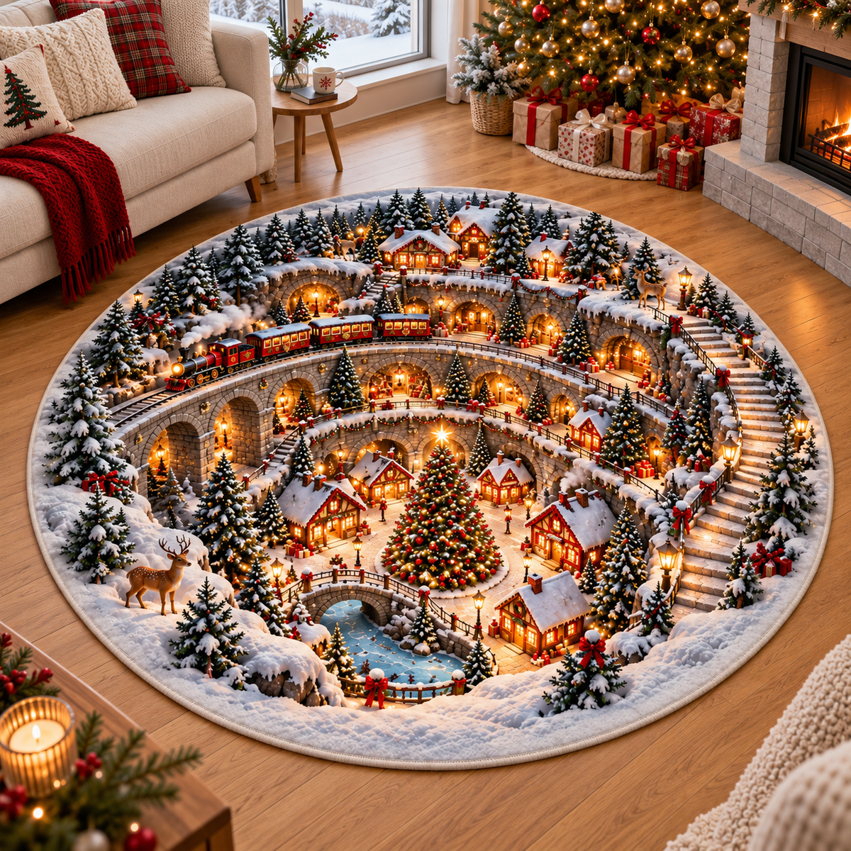 Christmas Train Village 3D Illusion Round Rug, Snowy Winter Wonderland Floor Mat, Holiday Area Carpet for Living Room, Xmas Home Decor 4096c721-a179-4578-bf62-264526042fe2-Snowy-Christmas-Village-Illusion-Rug-1.png