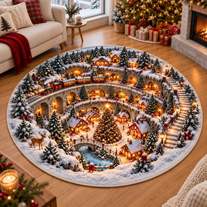 Christmas Train Village 3D Illusion Round Rug, Snowy Winter Wonderland Floor Mat, Holiday Area Carpet for Living Room, Xmas Home Decor 4096c721-a179-4578-bf62-264526042fe2-Snowy-Christmas-Village-Illusion-Rug-1.png