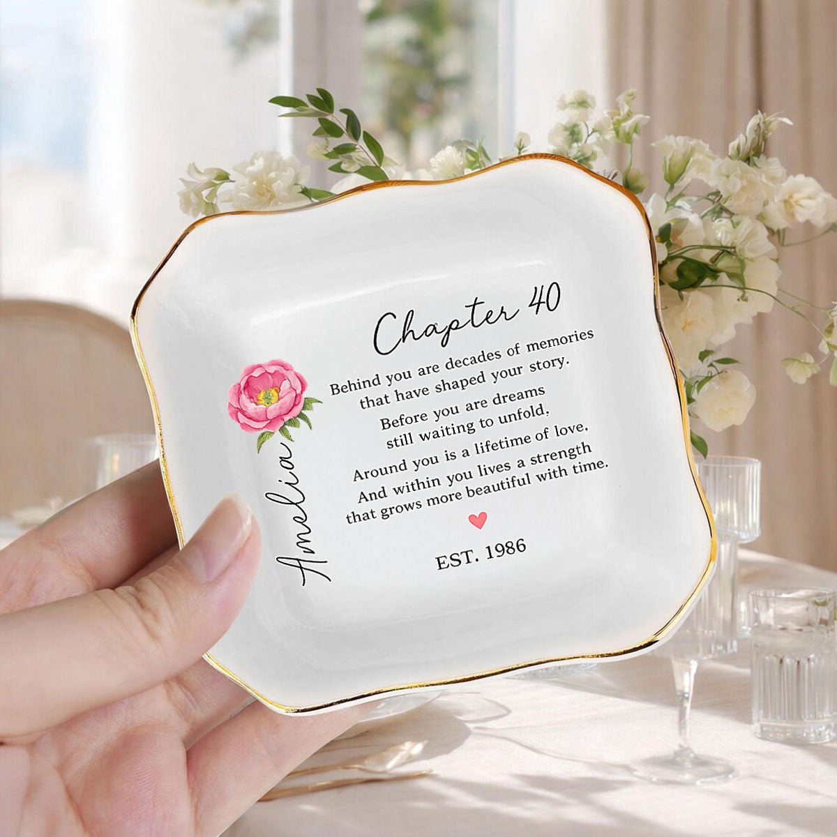 40th Birthday Gift For Women, Custom Birth Flower Ring Dish, Personalized Jewelry Dish, 40th Mom Gift Aunt Gift