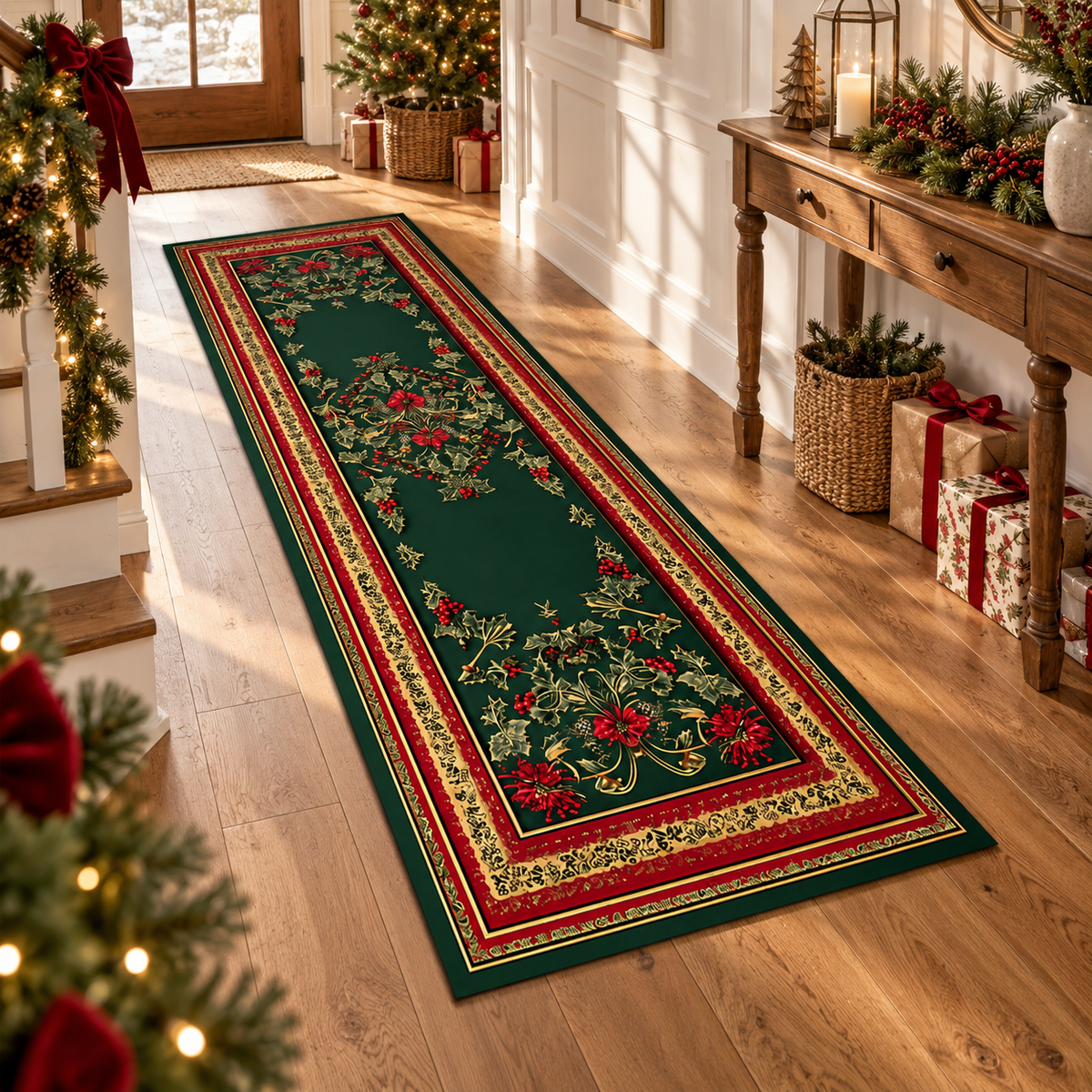 Luxury Christmas Poinsettia Runner Rug, Elegant Green and Red Holiday Carpet with Gold Floral Design for Hallway, Entryway,Living Room Décor 4100ba35-ea57-4512-bac0-f835e1933aa0-banner-1.png