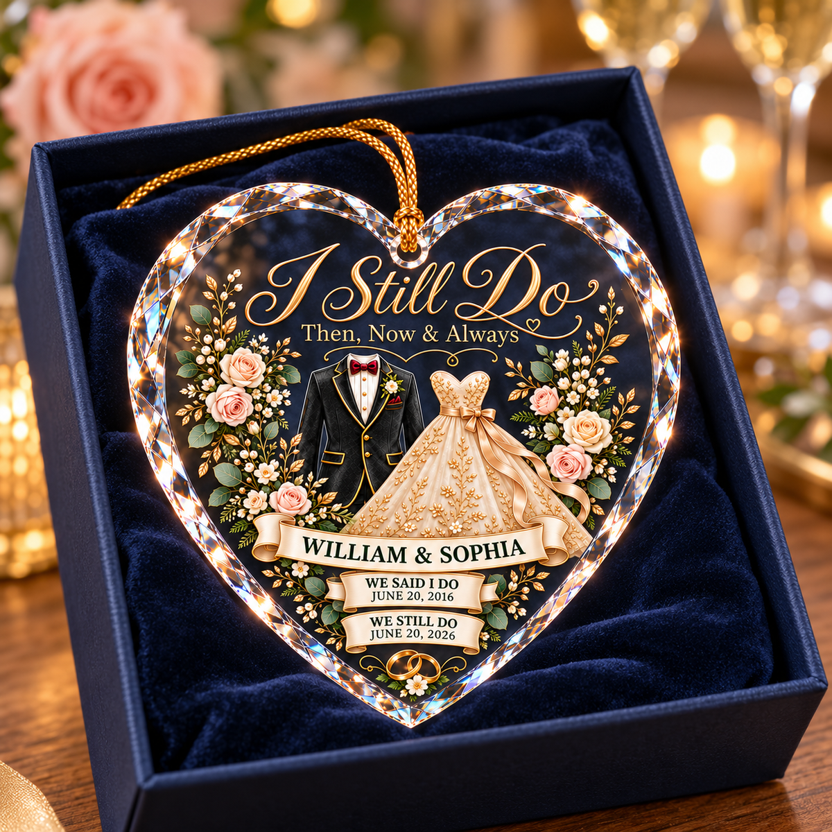 Personalized Vow Renewal Heart Ornament – I Still Do, Custom Names and Wedding Dates, Anniversary Christmas Keepsake Gift for Couples 4153737a-b55f-477c-af34-c62bbe066d66-Anniversary-heart-ornament-in-navy-velvet-box-2.png