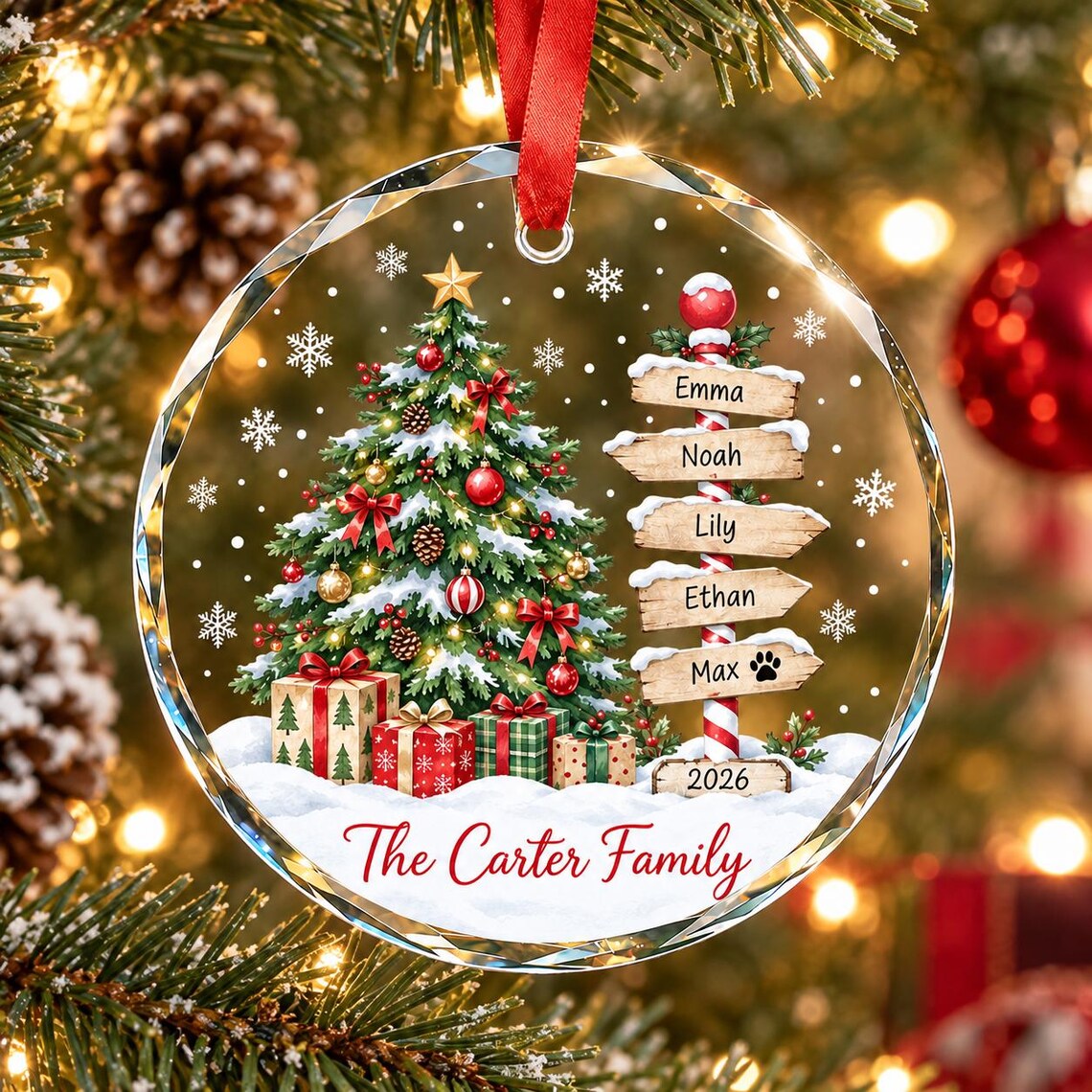 Personalized Family Glass Ornament, Custom Christmas Tree Signpost Keepsake With Kids Names, Pet Name and Year 4160347b-a6a1-4c3f-a59d-f3da6aea9137-7.jpg