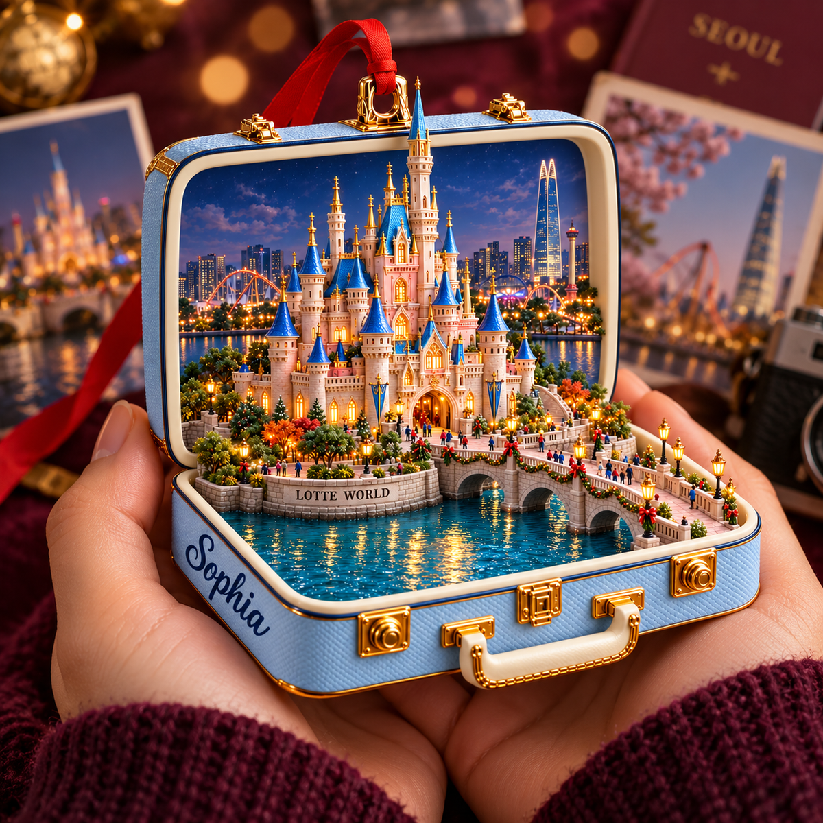 Personalized 3D Lotte World Castle Suitcase Christmas Ornament – Seoul South Korea Travel Souvenir & Gift for Seoul Lovers 418be418-c861-4684-98f9-bb36fb5b80ac-Hands-holding-a-Lotte-World-ornament-4.png