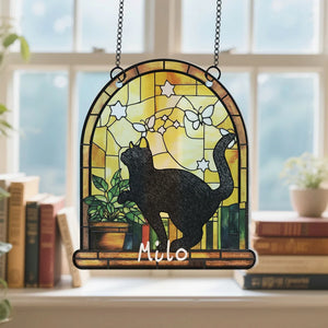 Personalised Stained Glass Style Black Cat Acrylic Ornament Window Balcony Decor Birthday Gift for Friend Family Pet Lover