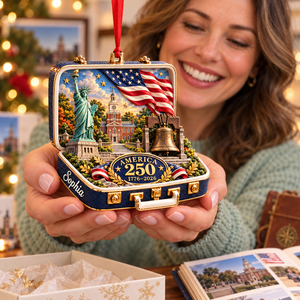 Personalized America 250th Anniversary 3D Suitcase Christmas Ornament – 1776–2026 USA Keepsake & Patriotic Gift 419ed42e-0bae-4e83-a1fb-ace9c9b4cd49-Joyful-traveler-holds-America-250-ornament-1.png