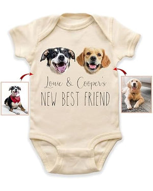 New Friends Custom Baby Bodysuit with Pet Portrait, Pregnancy Annoucement Gift, New Best Friend Onesie, Baby Gifts, Custom Dog and Cat Breeds, Toddler Baby Boy Girl Bodysuit