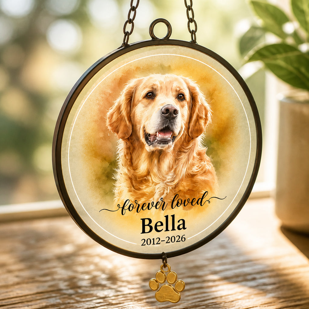 Pet Memorial Stone – Forever Loved Portrait - Personalized 1 Layered Suncatcher with Charm 41c00eb6-abef-4d7f-a8c7-91f80799c574.jpg