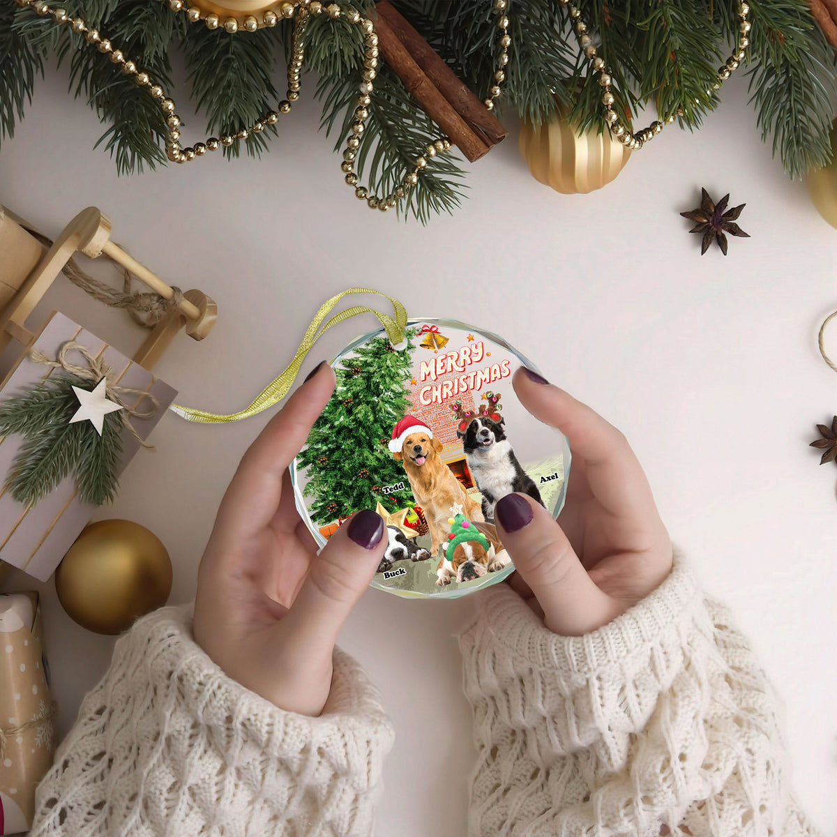 Christmas Vibe Photo Ornament - Merry Christmas - Gifts For Dog Mom, Dog Dad - Personalized Photo Round Glass Ornament