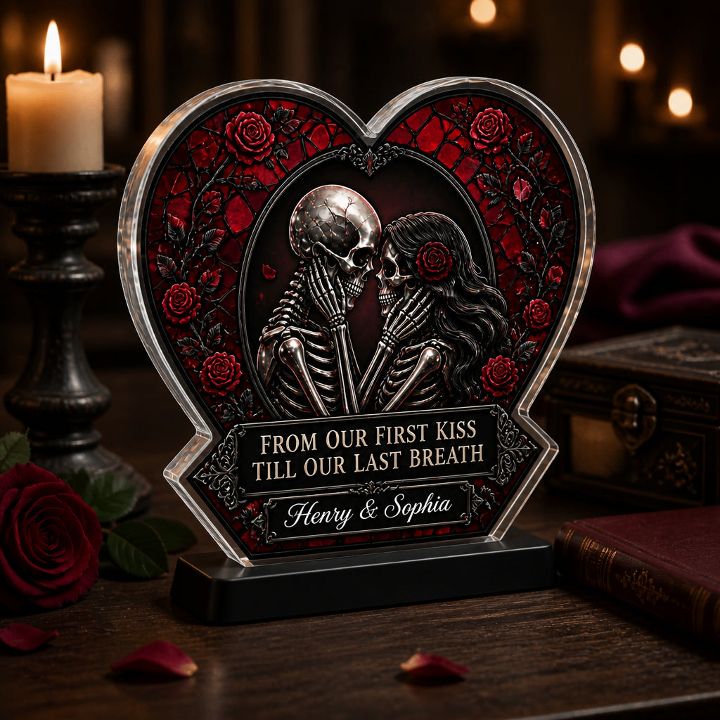 Gothic Skeleton Lovers Heart Plaque – From Our First Kiss… (Personalized Names) - Personalized Heart Shaped Acrylic Plaque 427c259f-9096-43f1-810c-d8e53cdccd07.jpg