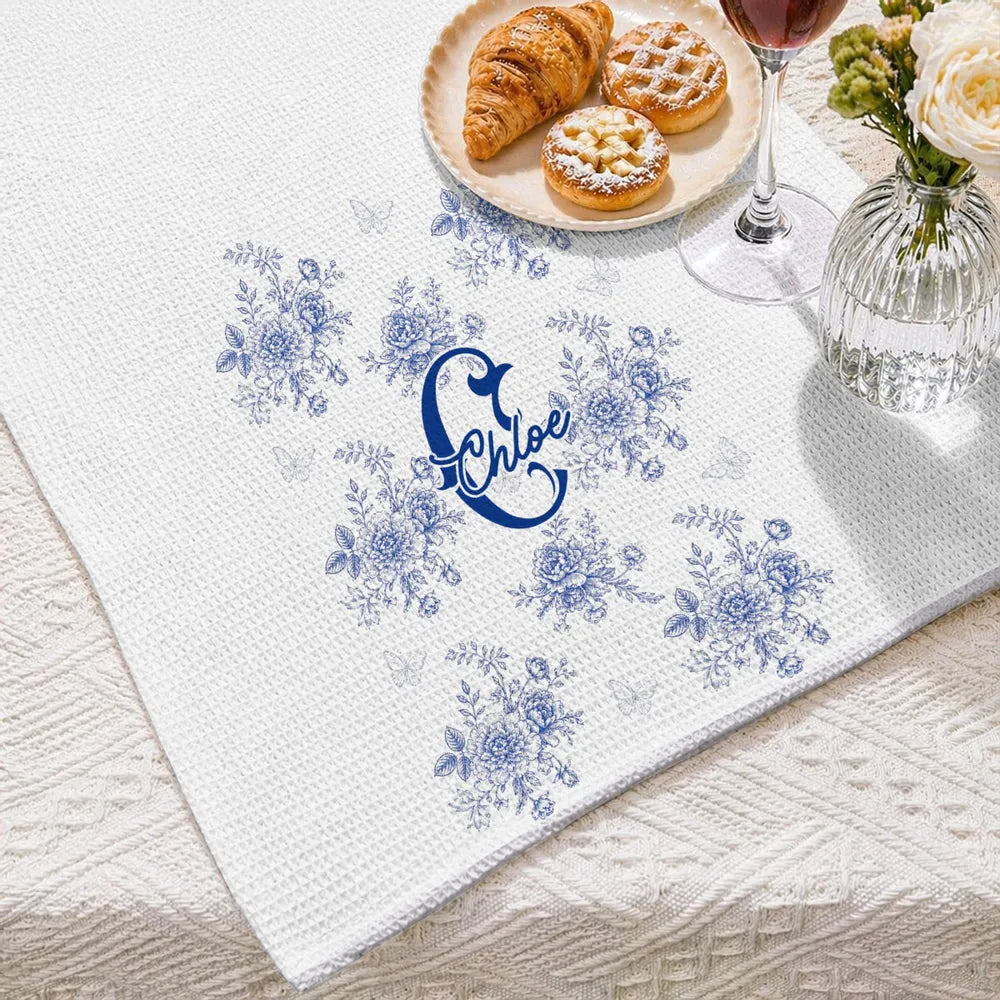 Blue Toile Pattern Alphabet - Personalized Kitchen Towel - Gift Mom Grandma 42a24801-36de-45cb-8f68-82379e41c3c8-banner-4.webp