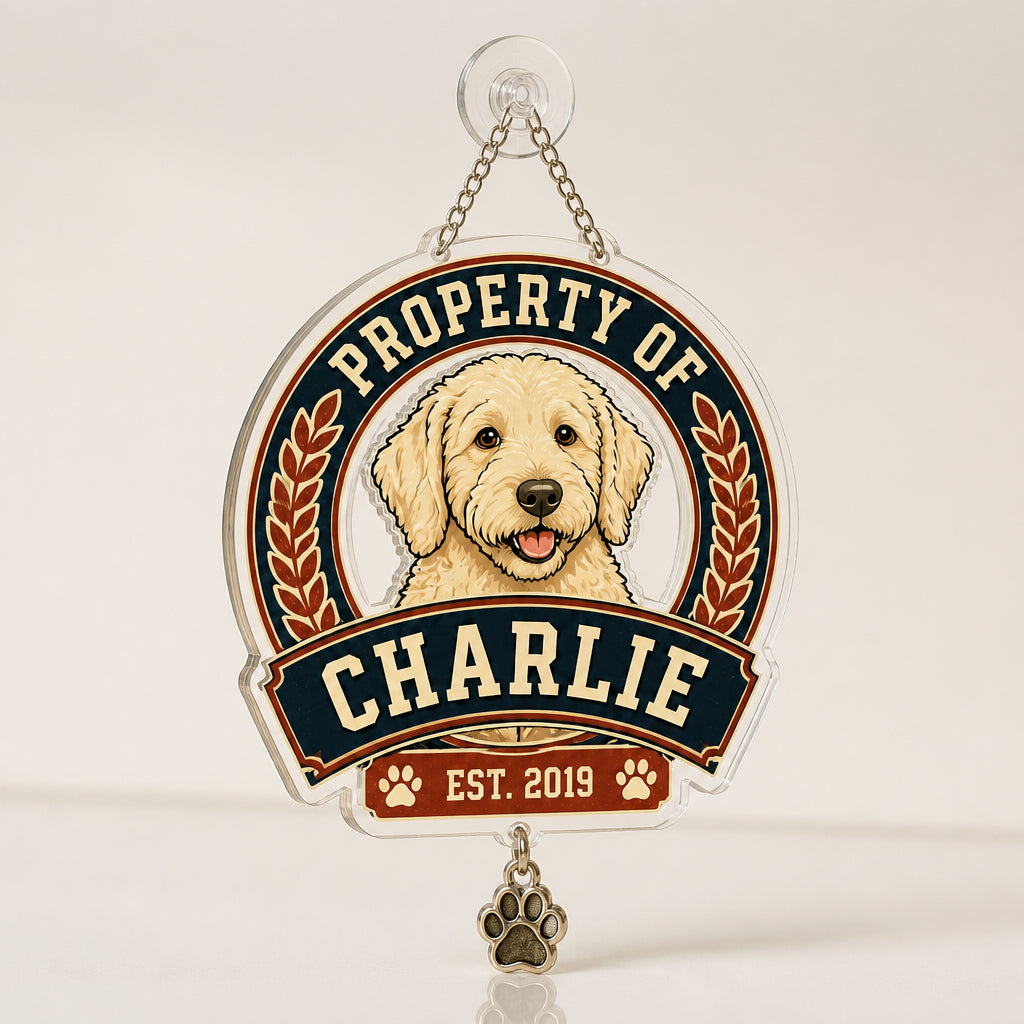 Property Of [Pet Name] Crest Tee (Est. Year) - Personalized 1 Layered Suncatcher with Charm 4300f819-048d-4ae6-987b-9ebb543e6d97.jpg