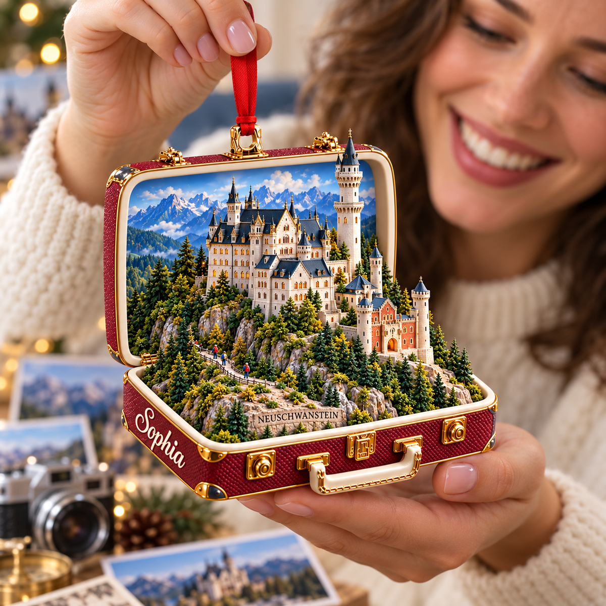 Personalized 3D Neuschwanstein Castle Suitcase Christmas Ornament – Bavaria Germany Travel Souvenir & Gift for Germany Lovers 432cced1-ef08-46cb-83a6-b14840c0ae57-Sophia-s-Neuschwanstein-Christmas-Ornament-2.png