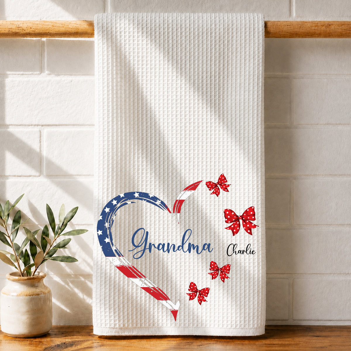 Proud American Grandma Mom Heart Bow - Personalized Name Waffle Weave Kitchen Towel, Housewarming Gift 433623fa-e1bc-425a-9453-26c0d34a8f3a-gfbf.jpg