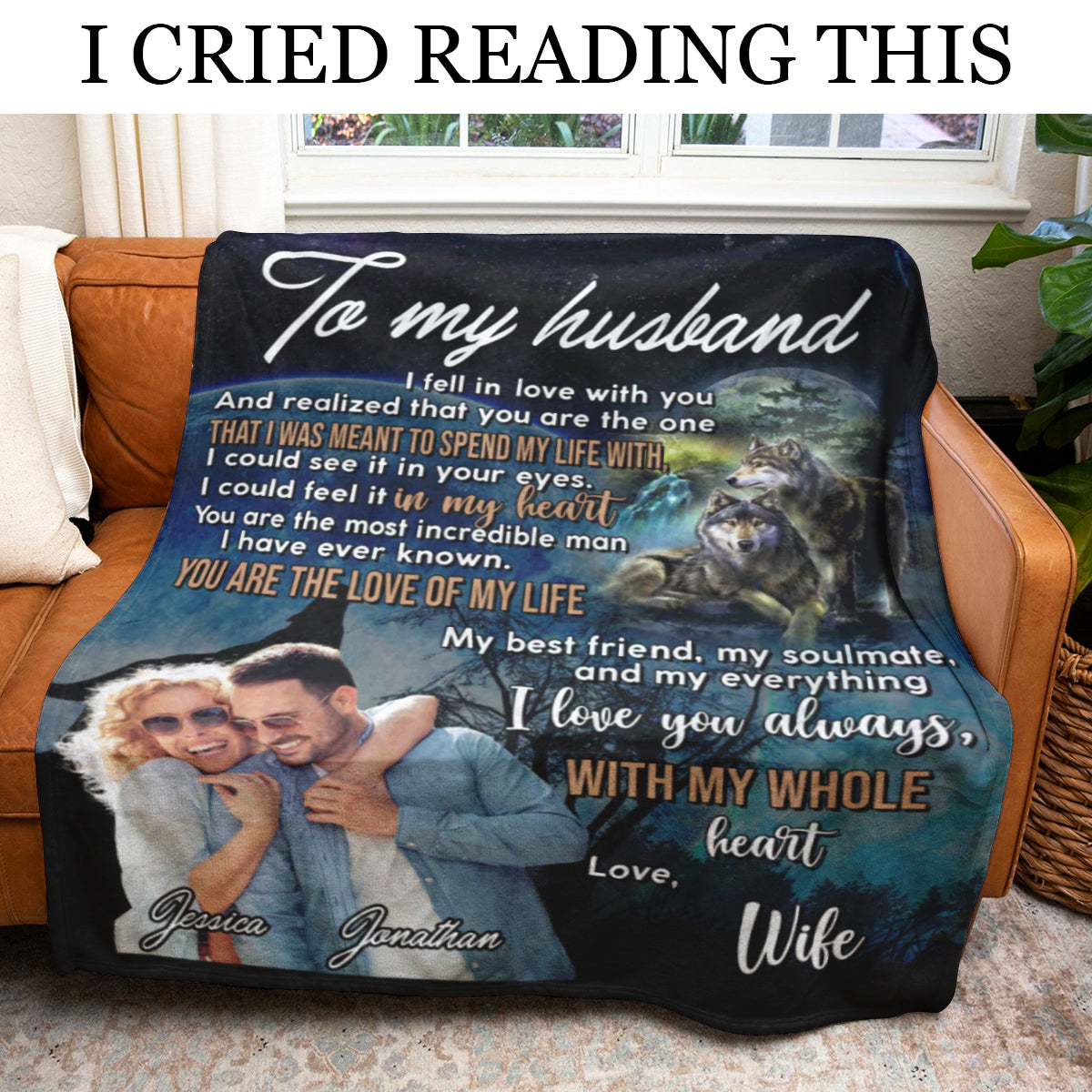 Gift For Husband Blanket, Wife To Husband With My Whole Heart Wolf Fleece Blanket
