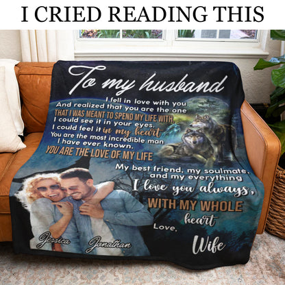 Gift For Husband Blanket, Wife To Husband With My Whole Heart Wolf Fleece Blanket