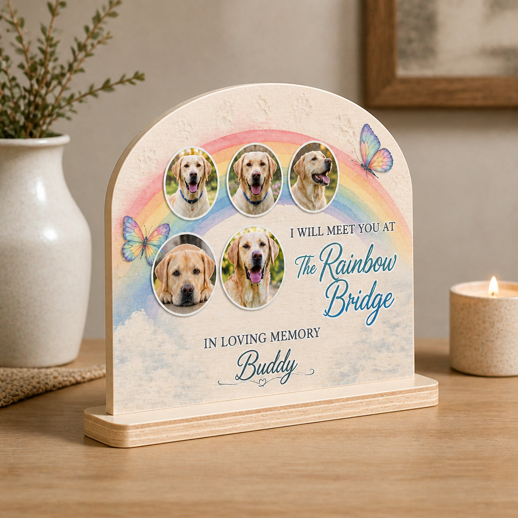 Rainbow Bridge Pet Memorial Table Sign - 5 Photo Collage - Personalized Wooden Photo Table Sign 43896f92-9107-4f0e-a75c-fc0116361b88.jpg