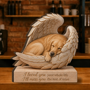 Personalized Wood Golden Retriever Memorial Block: Custom Angel Wing Dog Portrait Stand, Pet Sympathy Gift