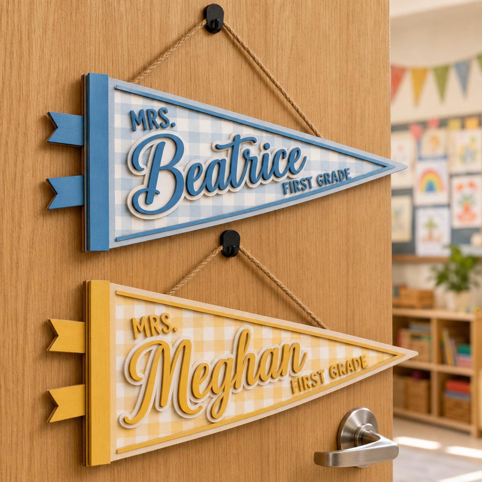 Personalized Teacher Door Sign, Custom Grade Name Wooden Pennant Flag, Gingham Classroom Door Decor, Back To School Teacher Gift 43c71619-f963-4e61-9c89-fdf3e4e82ef8-2.jpg