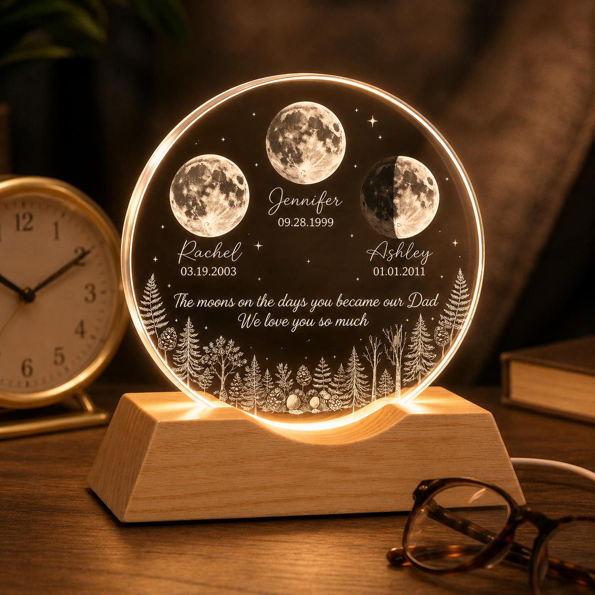The Days You Became Our Dad, Custom Moon Phase by Date, Personalized Crystal Wave Night Light, Father's Day Gift for Dad, Husband
