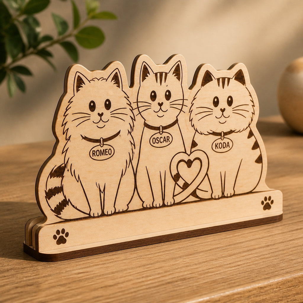 Engraved Cat Family Standing Wooden Plaque – 3 Pet Names - Personalized Wooden custom shape Standing 2 layer (5mm) 440a164a-b392-4051-916e-450bb6bd8089.jpg